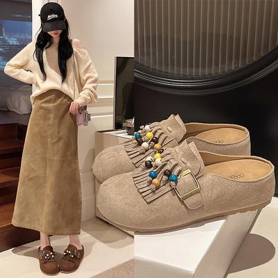 Мода 2025 Женские мюли Туфли Балетки Замшевые Женские сандалии Бахрома Летняя мода Шлепанцы Для ходьбы Платье Уютные