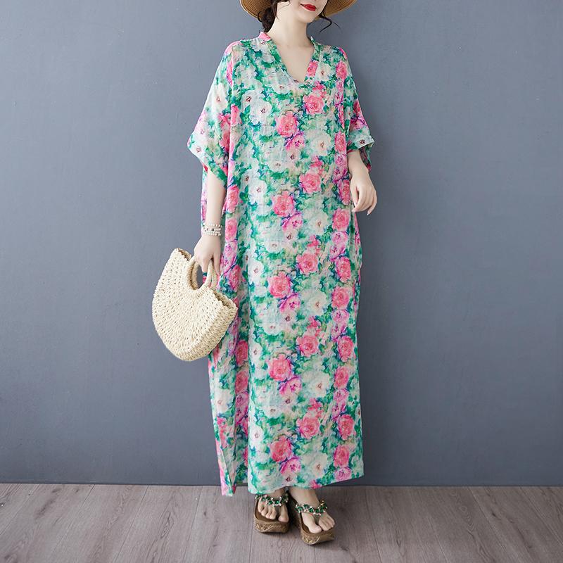 Dimanaf 2025 Женское Летнее Платье Больших Размеров Базовое Длинное Платье Винтажное Цветочное Свободное Повседневное Хлопок Льняной С V-образным Вырезом
