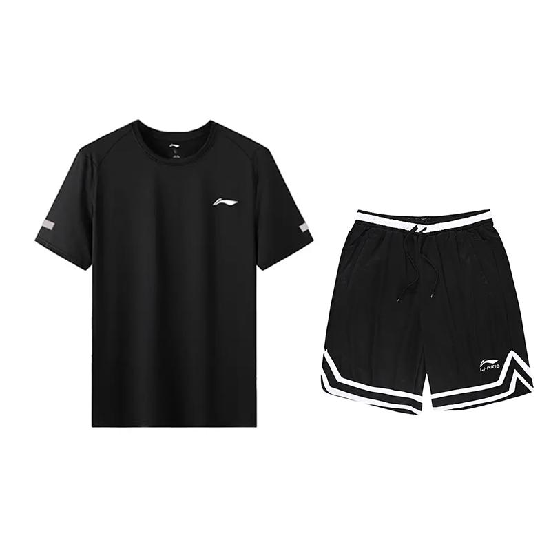 Li-Ning Футболка с круглым вырезом, свободными плечами и короткими рукавами, дышащие модные шорты, повседневный спортивный костюм, унисекс, черный YTSU163-3+YAPV001-1