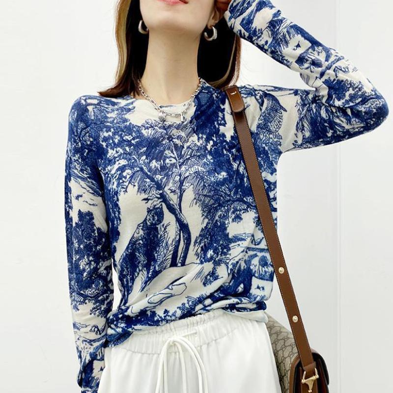 Женская корейская мода винтажный принт элегантный вязаный свитер Harajuku повседневный шикарный длинный рукав трикотаж тонкий базовый пуловер топы