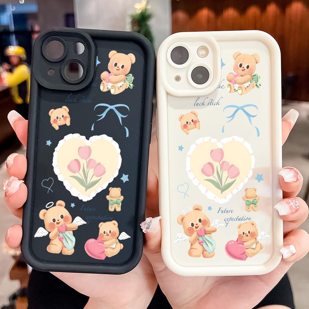 For Realme 11 11x 12x 12 Pro C21 C30 C33 C35 C65 OPPO A18 A38 A60 A96 Reno 10 11 12 Pro Cartoon Flower Bear Pattern Soft Silicone Phone Case