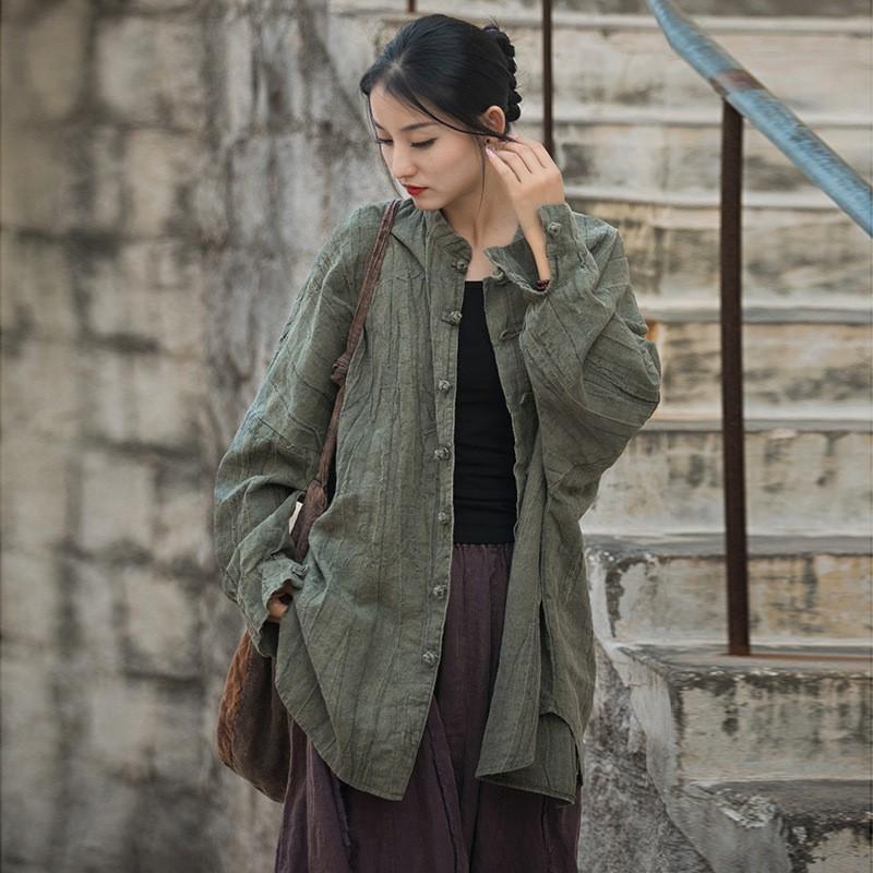 Женские винтажные рубашки-рубашки из рами, куртки-стойки с длинным рукавом, высококачественные пальто, осенние свободные женские куртки на пуговицах