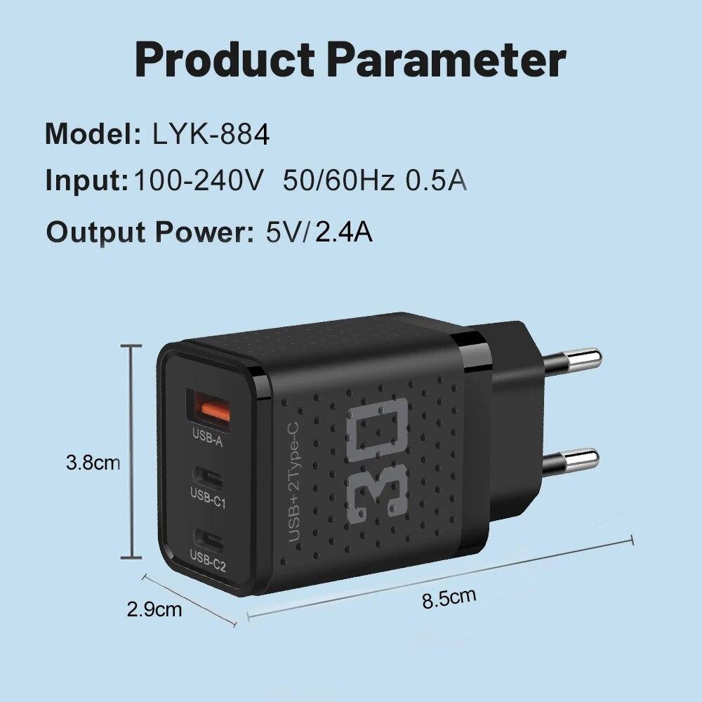 3 порта USB 2 Type C Зарядное устройство Быстрая зарядка Сетевое зарядное устройство Quick Charge Для iPhone Samsung Xiaomi Адаптер для мобильного телефона