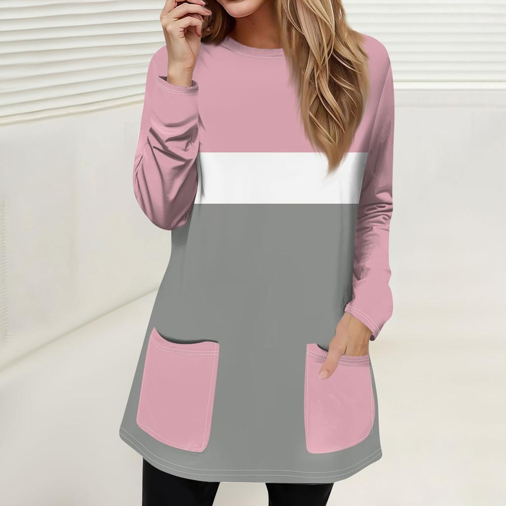 Женская мода повседневный свитер футболка с круглым вырезом карман полосатый пэчворк принтованный топ с длинным рукавом