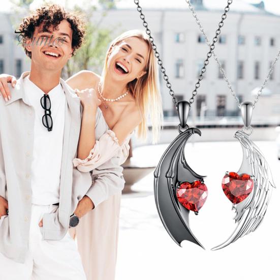 Парное ожерелье с крыльями ангела и дьявола, парное ожерелье с красными перьями и стразами, ювелирные изделия на День святого Валентина, подарки для пар