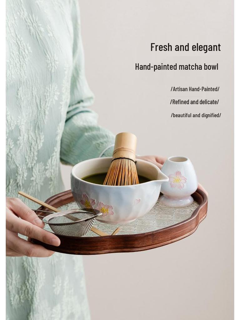 Handmade Japanese Cherry Blossom Matcha Bowl with Whisking Tool, Imitation Song Dynasty Tea Stirrer, and Hyakuhon-date Chasen Stand