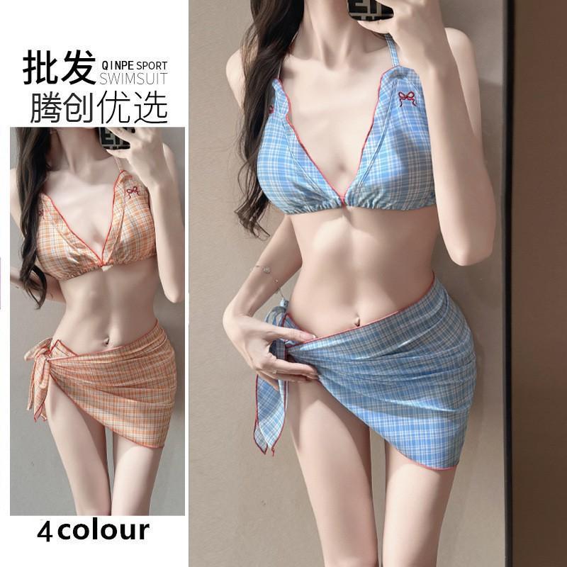 Korean Ins Style Swimsuit Women's Split Plaid Bikini Thailand Hot Three-piece