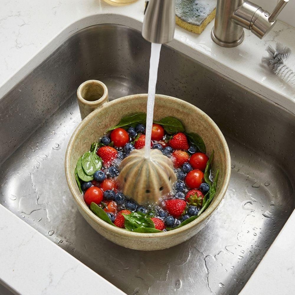 Built-In Drain Slots Automatic Fruit Washing Bowl Drain Spout Berry Strainer Basket Kitchen Tool