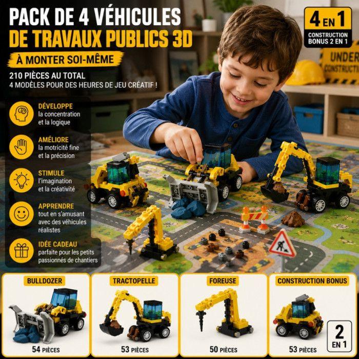 4 Véhicules de Travaux Public en Briques à Monter – 210 Pièces au Total, 4 en 1 Mini Véhicules à Assembler Construire un Camion
