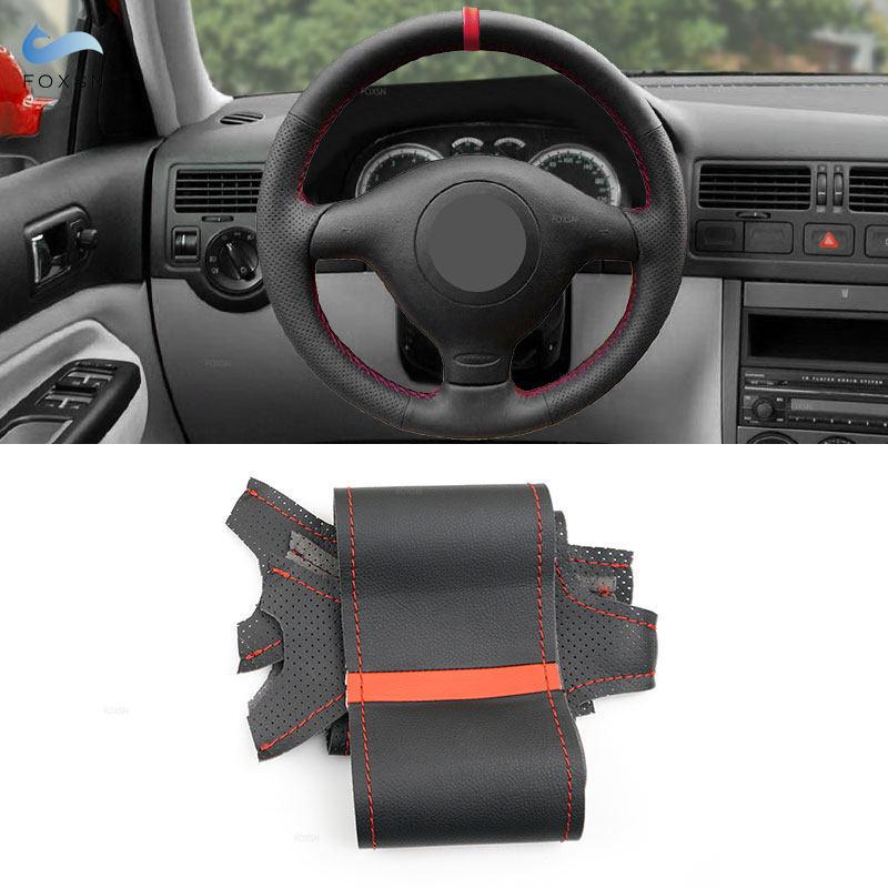 For VW Golf 4 MK4 Passat B5 1997-2002 For Skoda Fabia Seat Leon MK1 1998-2004 Car Steering Wheel Cover Leather Trim red strip