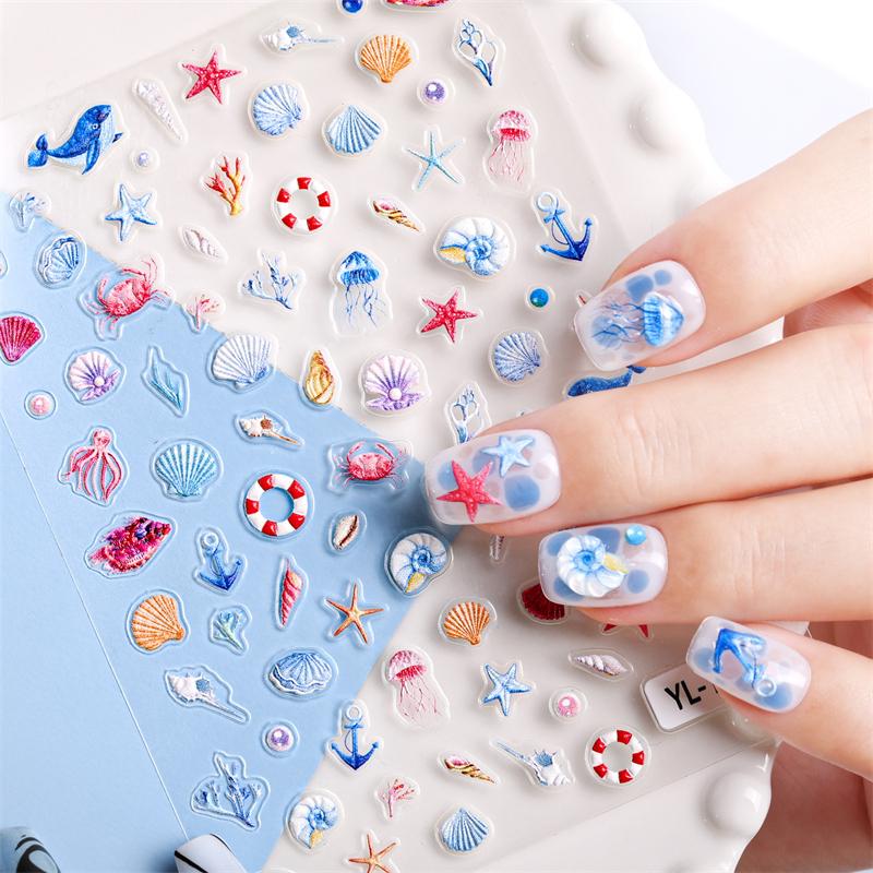 1 лист наклейки для ногтей в океанском стиле, летние морские звезды, медузы, ракушки, наклейка для ногтей, тисненая декорация, принадлежности для нейл-арта, салон маникюра