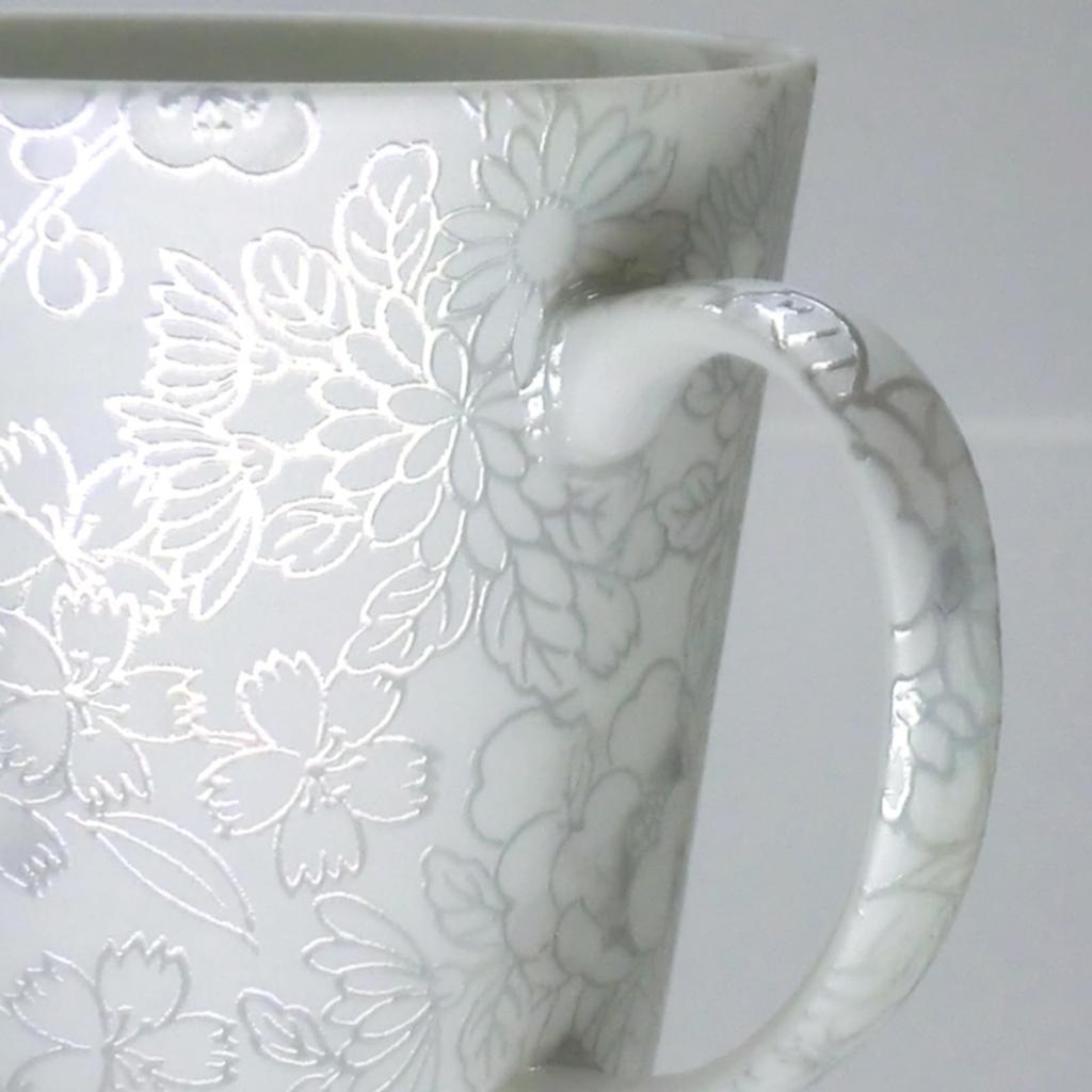 Кружка Мино Яки, Прибл.. 380 мл, Подходит для микроволновой печи, Узор Хикари-Юдзэн, Тонко нарезанный, Серебристый, Сделано в Японии, HYM-3053E