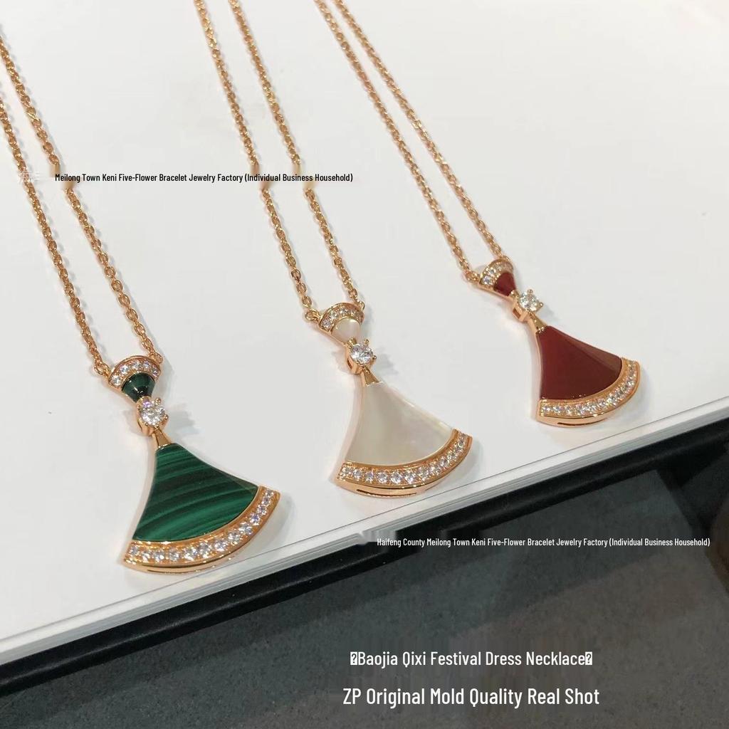 Baojia Turquoise Fan-Shaped Mother-of-Pearl Clavicle Necklace in 18K Rose Gold with Pink Chalcedony.