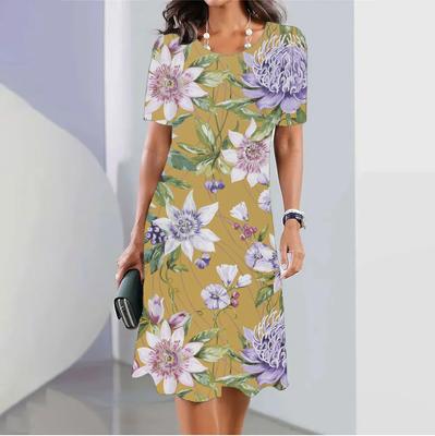 Платья для женщин больших размеров Boho с коротким рукавом и круглым вырезом с цветочным принтом и круглым вырезом миди-платье Элегантные женские платья для отдыха