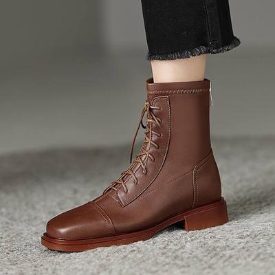 Зимние мотоциклетные ботинки из коровьей кожи с круглым носком на толстом низком каблуке, женские ботильоны на шнуровке, большой размер 43