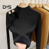 Women Fall Winter Top Thick Knitted Half High Collar Long Sleeve Slim Fit Solid Color Hollow Out Elastic Pullover Soft Warm One Size Lady Sweater