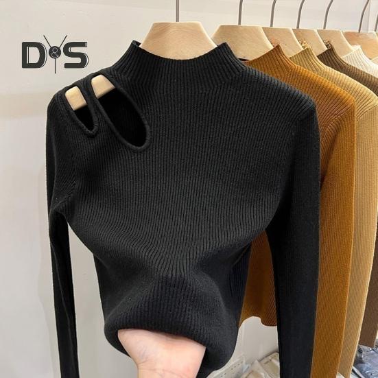 Women Fall Winter Top Thick Knitted Half High Collar Long Sleeve Slim Fit Solid Color Hollow Out Elastic Pullover Soft Warm One Size Lady Sweater