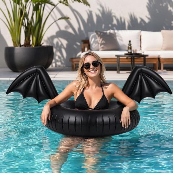 Inflatable Pool Float Creative Bat Wings Decor Black Thickened PVC Swim Ring