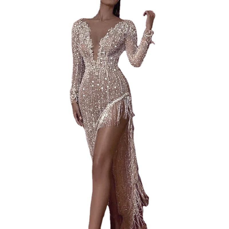 Summer new European and American women's dress, sequined v-neck long-sleeved long dress, sexy asymmetrical dress