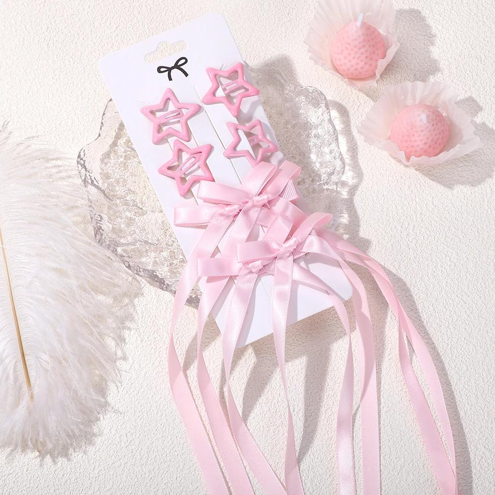 6 шт./набор Y2k Звездные заколки-клипсы для волос с длинной лентой-бантом, заколки-автоматы для женщин, девочек, двойные хвостики, головные уборы, аксессуары для волос