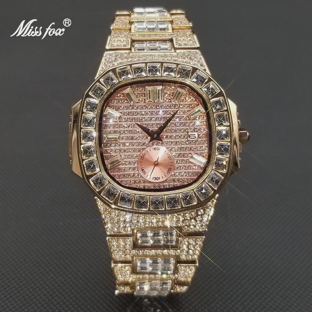 Hip Hop Iced Out Mens Watch Diamond Paved Analog Quartz Watch Waterproof Stainless Steel Luxury Wristwatch