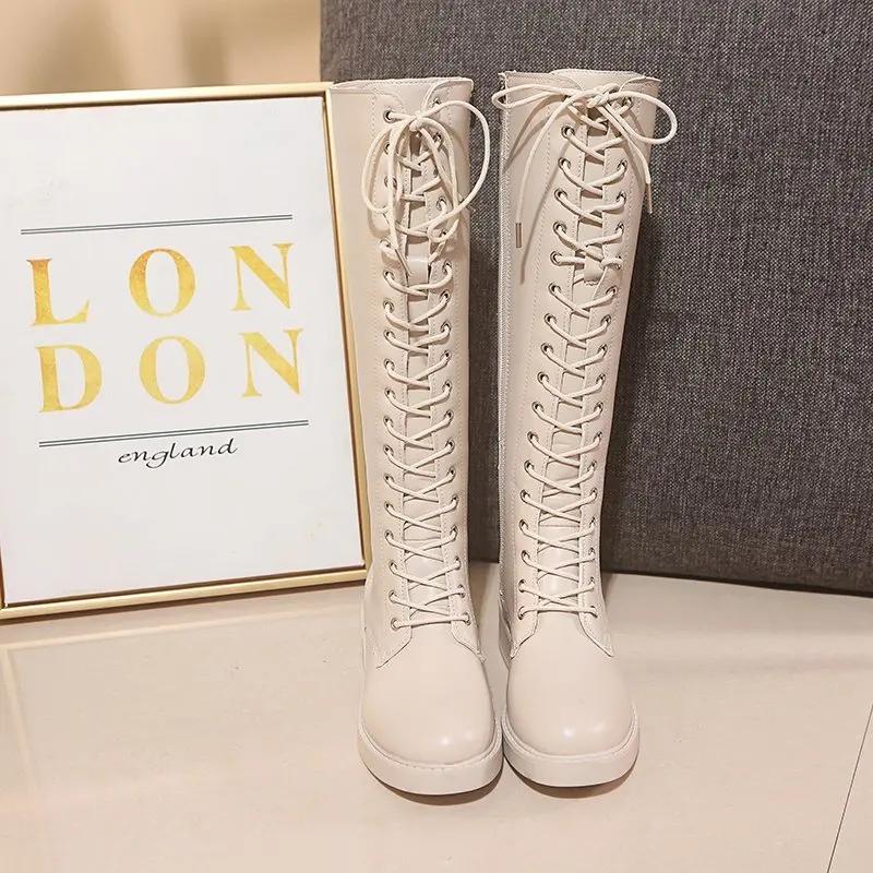 Новые большие размеры высокие сапоги женские квадратные высокие каблуки платформы женские сапоги на шнуровке осенне-зимние сапоги женские