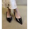 Cowhide Black Pointed Leather Shoes Thick Heel Single Shoes Women's Shallow Mouth Middle Heel Women's Shoes Commuter Versatile Work Shoes