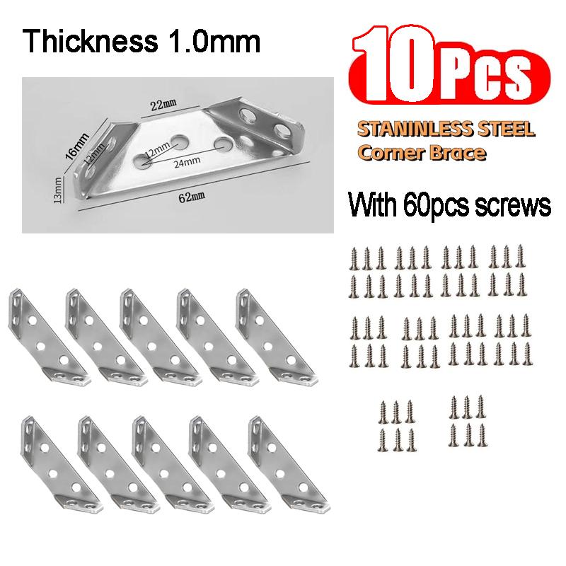10pcs Stainless Steel Corner Brace Universal Furniture Corner Connector Heavy Duty Angle Shelf Brackets for Wood Furniture