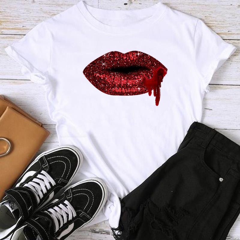 (Asian Size) Fashion Lip Watercolor Style 90s Trend Sweet Print Graphic Tee Female Casual T Clothing Casual Women's Top Short Sleeve T-shirt