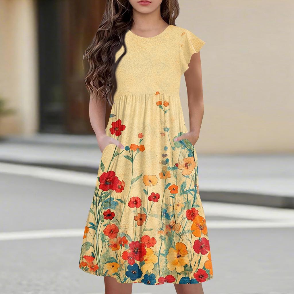 Детская юбка с круглым вырезом, плиссированная, с коротким рукавом, юбка принцессы, модное повседневное платье с карманами для девочек