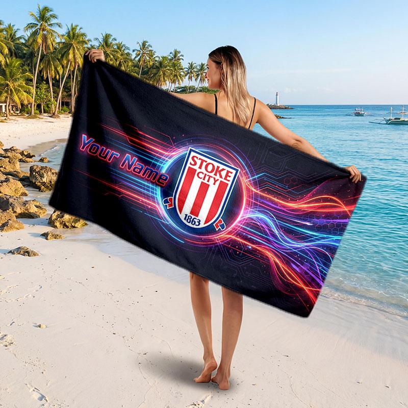 Stoke City FC Custom Beach Towel, Personalized Name Text Print, Football Logo Soft Quick‑Dry Towel Holiday Gift