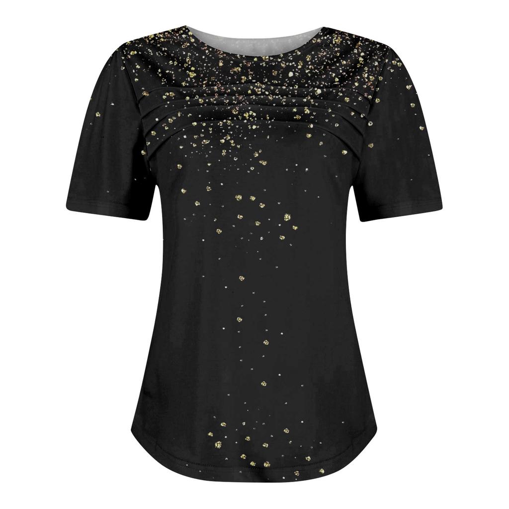 Ladies' Fashionable Printed Round Neck Pleated Short Sleeved Shirt