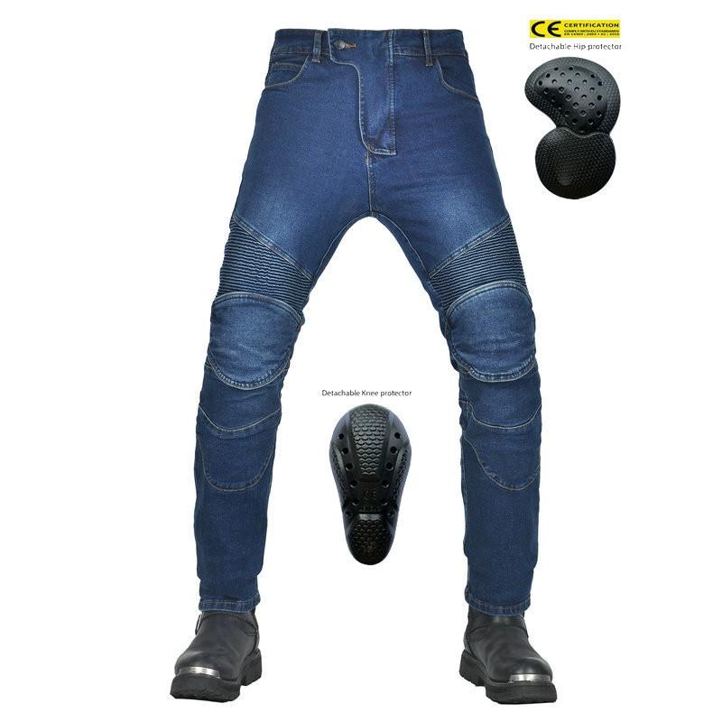 Mens Motorcycle Riding Jeans High-Waisted Straight Cut Stretch Denim Pants With Knee Pad Cover Off-Road Street Use