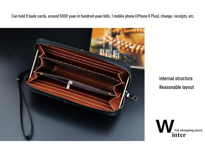 Новый мужской длинный клатч на молнии: Кошелек в стиле business casual из мягкой кожи с большой вместимостью для карт и телефона.