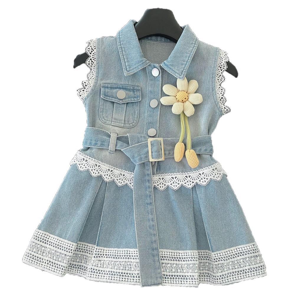 Girls Sleeveless Denim Dress Summer Fashionable Lace Trim Toddler Vest Dress Kids Casual Outfit