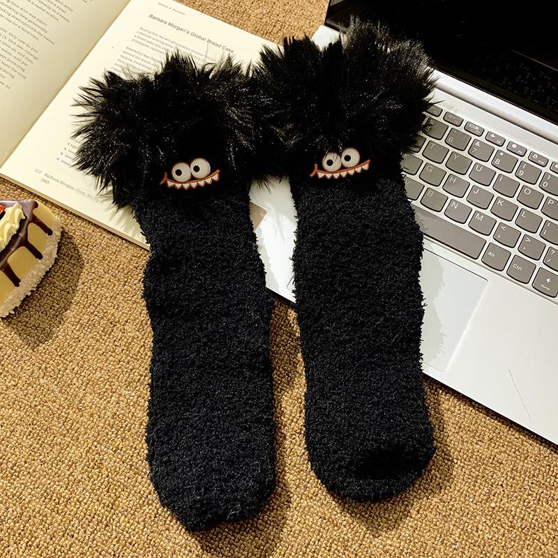 Crazy Big Mouth Monster Plush Socks Thickened Coral Fleece Cartoon Sleep Socks Winter Warm Soft Home Socks for Women Girls