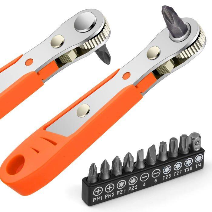 Mini clé à cliquet 1/4" + 10 embouts PH - 103 mm, 16 dents réversible, acier allié chromé