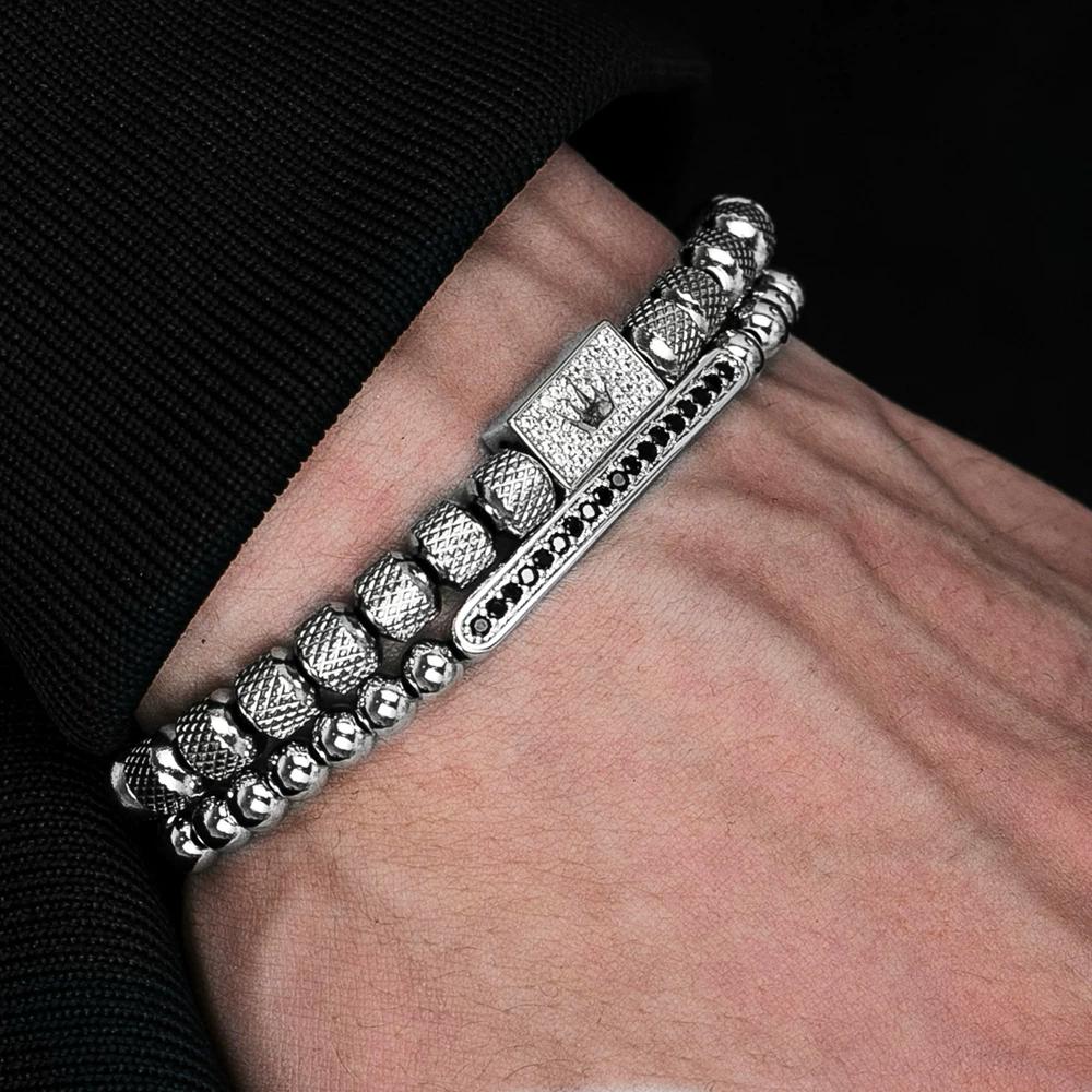 Morooki Original Design European American Trendy Simple Micro Set Square Crown Handmade Men Bracelet Accessories Set
