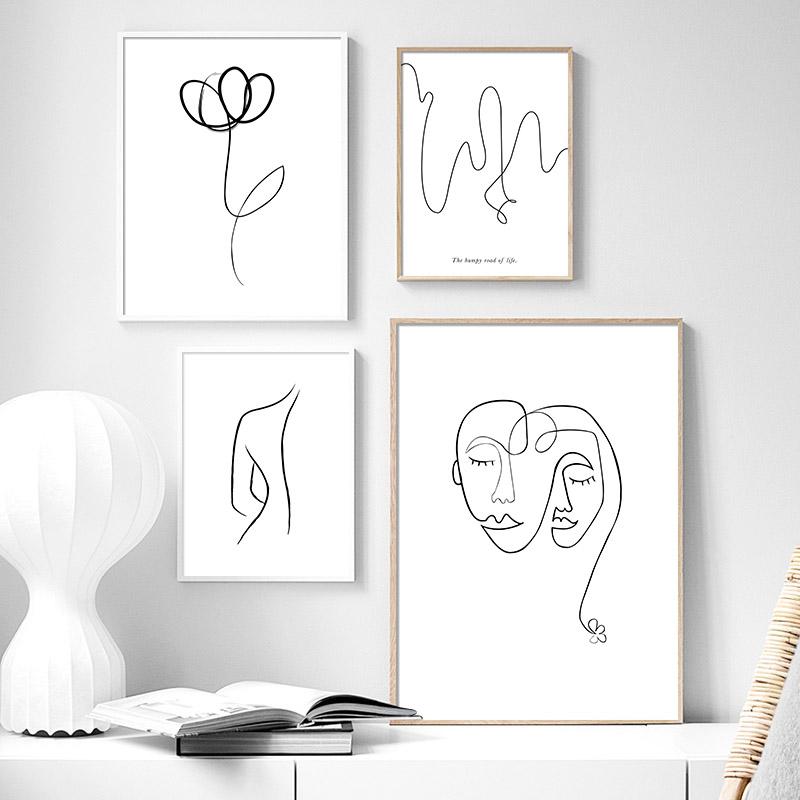 Скандинавский рисунок линий, холст, настенная художественная печать, картина, абстрактный цветок, домашний декор, женский постер, минималистичный декоративный рисунок, современный