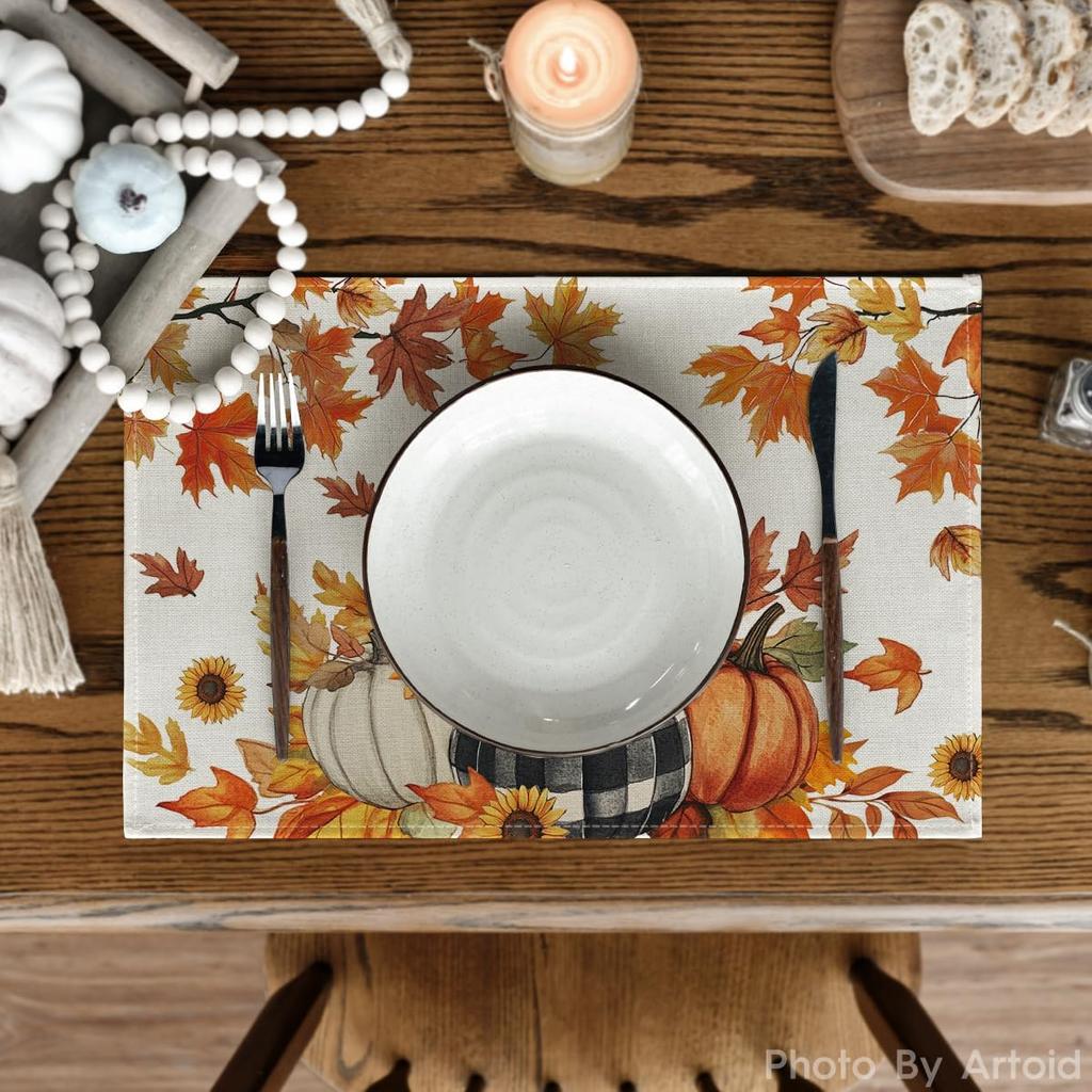 Artoid Mode Fall Pumpk Sunflowers Leaves Placemats Set of 4, 12x18 Inch Thanksgiving Vintage Table Mats for Dining Party Decoration