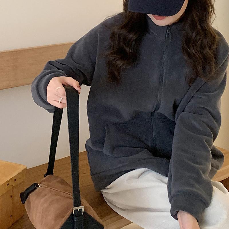 Осенне-зимняя утолщенная бархатная термокуртка, женский кардиган на молнии, флисовый воротник-стойка, повседневный топ в корейском стиле