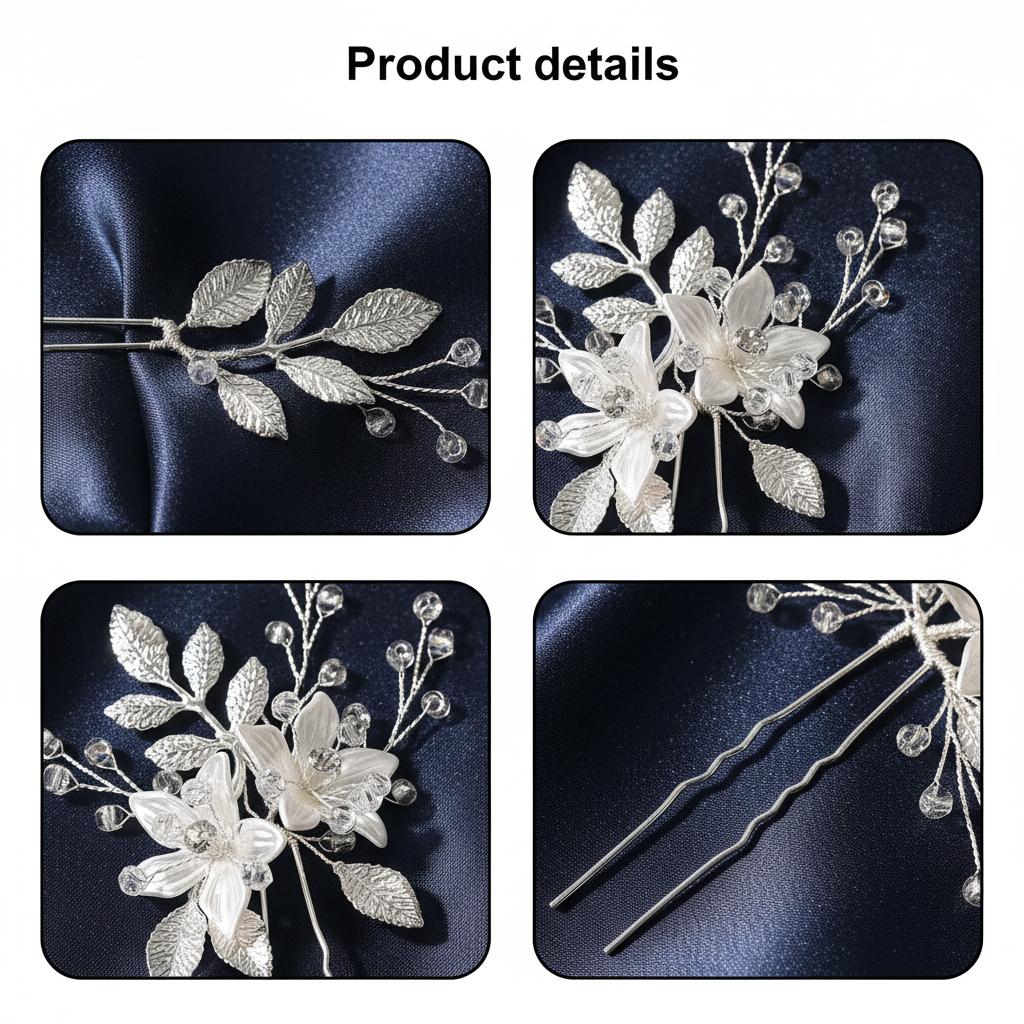 Bridal Wedding Hairpin White Flower Leaf Design Crystal U Pin For Elegant Hairstyles