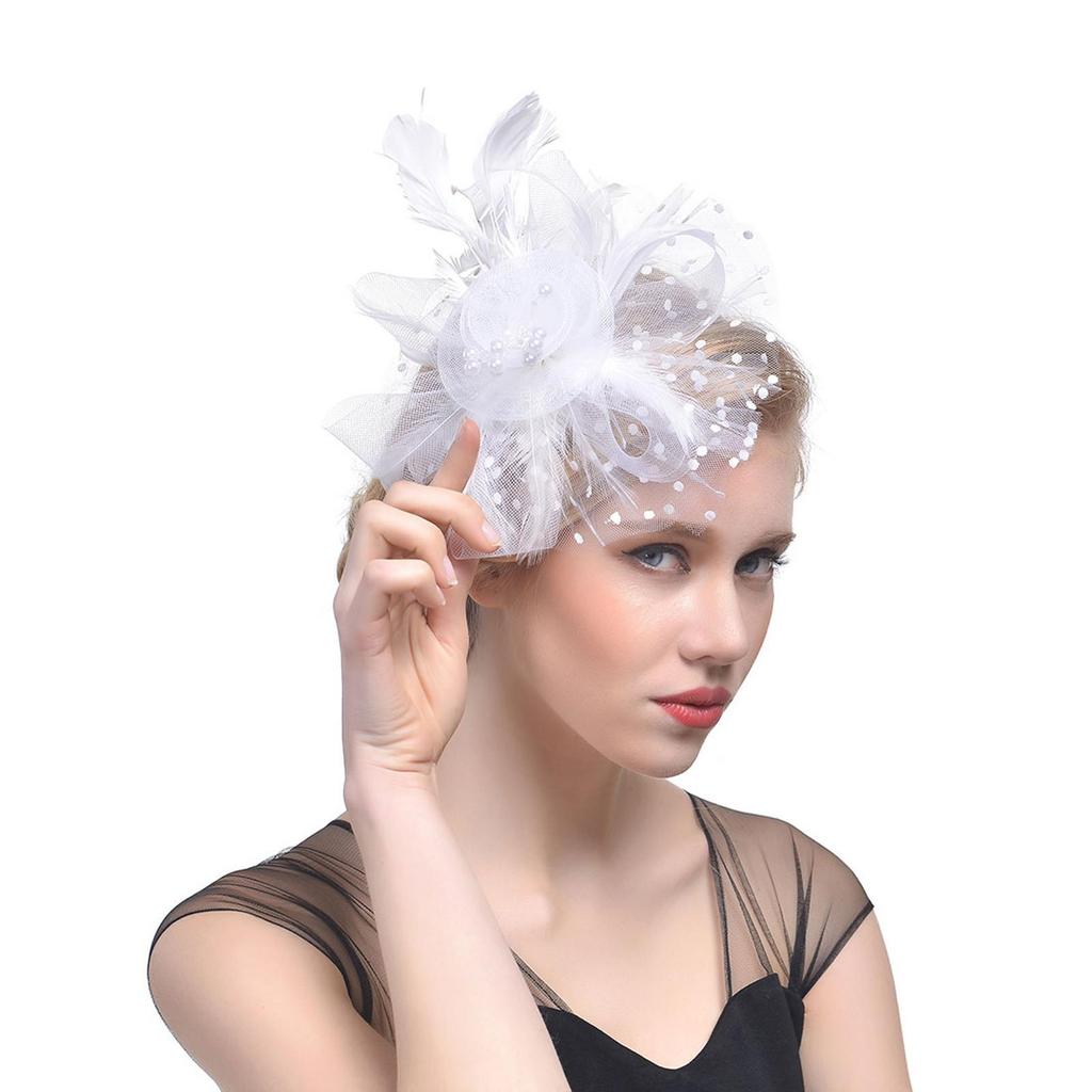 (male wardrobe)Women Flower Mesh Ribbons Feathers Headband Cocktail Tea Party Hat Headwear