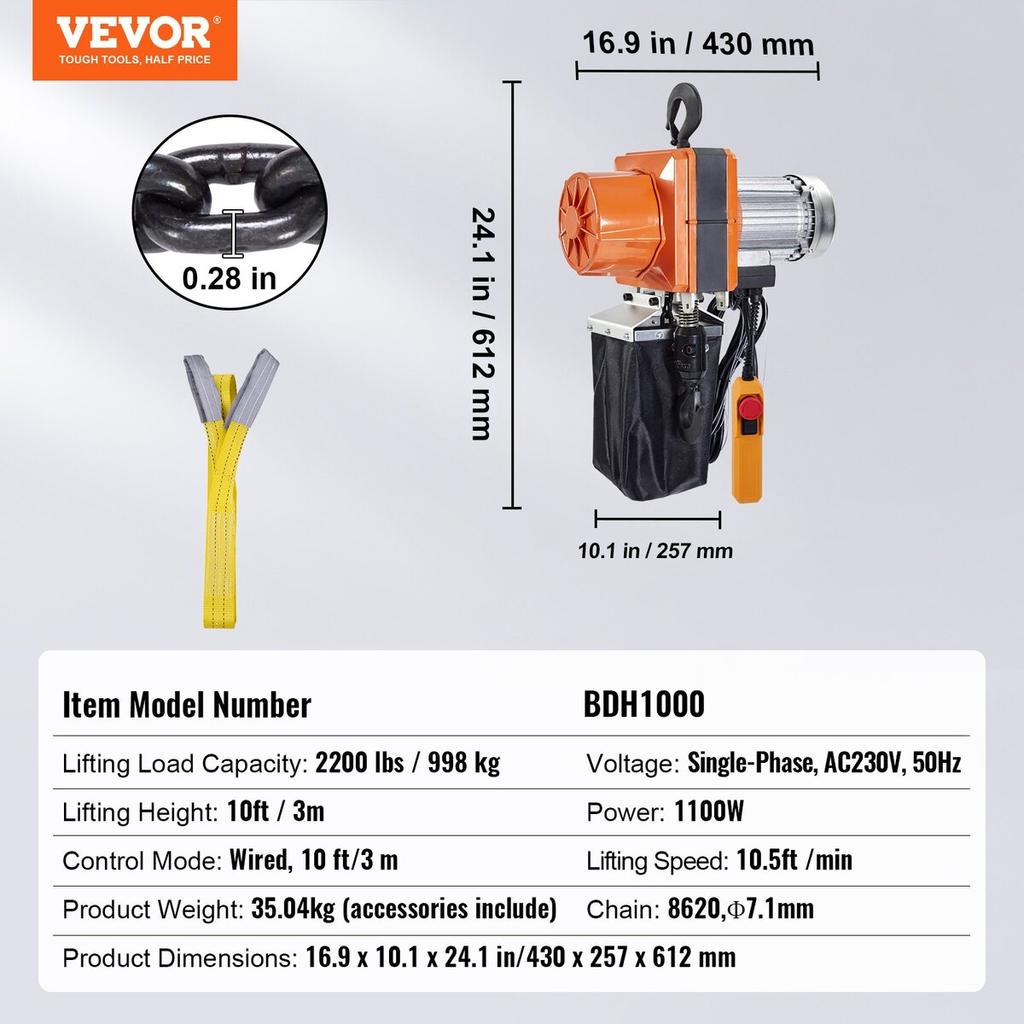 Electric Chain Hoist Single Phase Crane Hoist 2200 lbs Load 10 ft Lifting