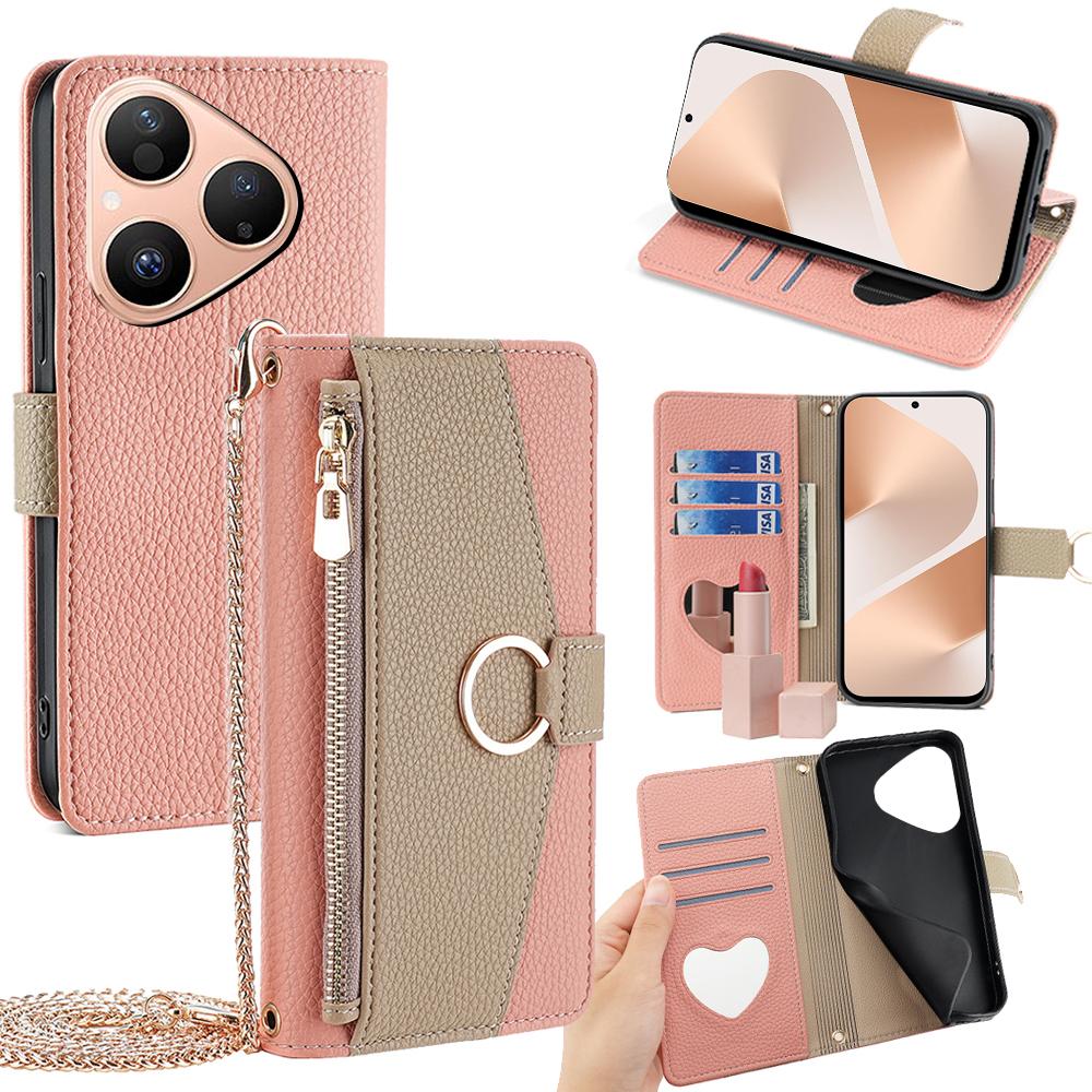 For Huawei Pura 80 Case Mirror Wallet Leather Phone Cover with Chain Shoulder Strap