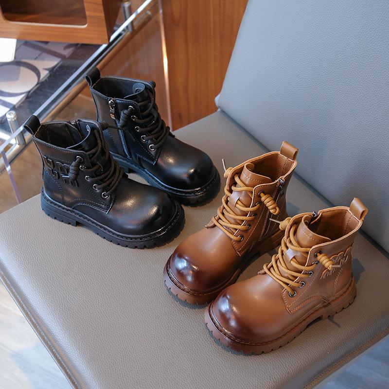 Девочки ботинки Мартин британский стиль два хлопка короткие ботинки 2025 новый осень и зима бархат мальчики теплые хлопковые ботинки детские кожаные ботинки