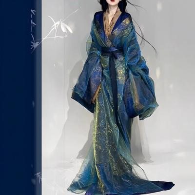 Флэш Воюющие царства Халат Ткачество Золотой Ханфу Новый Китайский Прямой Шлейф Синий Древняя Одежда Женщины