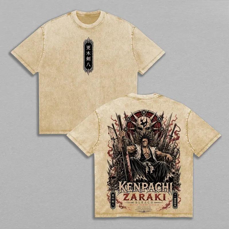 Zaraki Kenpachi Print T-shirt BLEACH Anime Clothing Men Women Cotton Tshirts Vintage Washed Tee Harajuku Male Oversized T Shirt