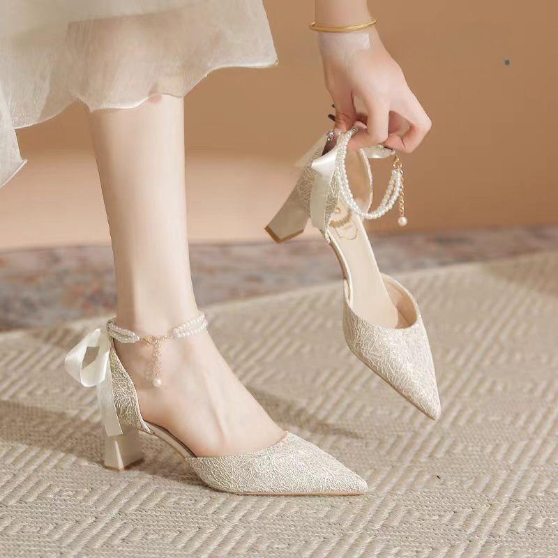 2024 Новые Летние Туфли-лодочки с Острым Носом и Жемчугом Женские Туфли на Высоком Каблуке Банкетные Сексуальные Женские Сандалии Белые Женские Туфли