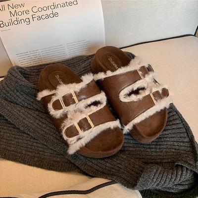 Слова на двойной пряжке, толстая подошва, ленивые шлепанцы с открытым носком, пушистые, женские, для носки осенью и зимой
